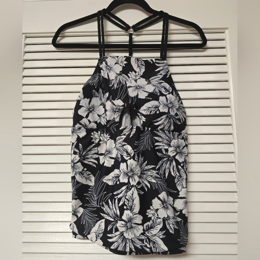Time and Tru - Floral White & Black Swimsuit Top With Adjustable Back Straps